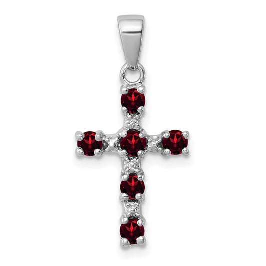 Sterling Silver Rhodium Plated Round Stone Natural Garnet & Diamond Cross Pendant