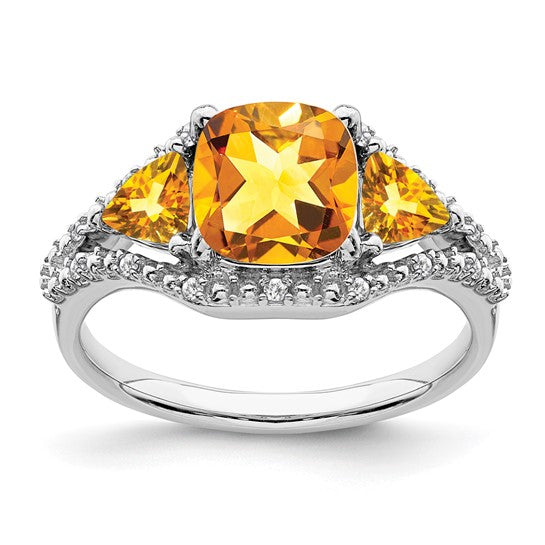 14K White Gold 3 Stone Natural Citrine & Diamond Ring