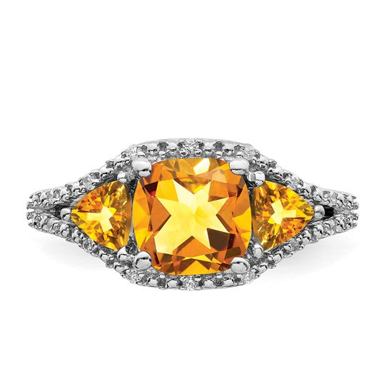 14K White Gold 3 Stone Natural Citrine & Diamond Ring