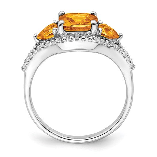 14K White Gold 3 Stone Natural Citrine & Diamond Ring