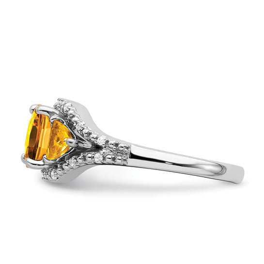 14K White Gold 3 Stone Natural Citrine & Diamond Ring