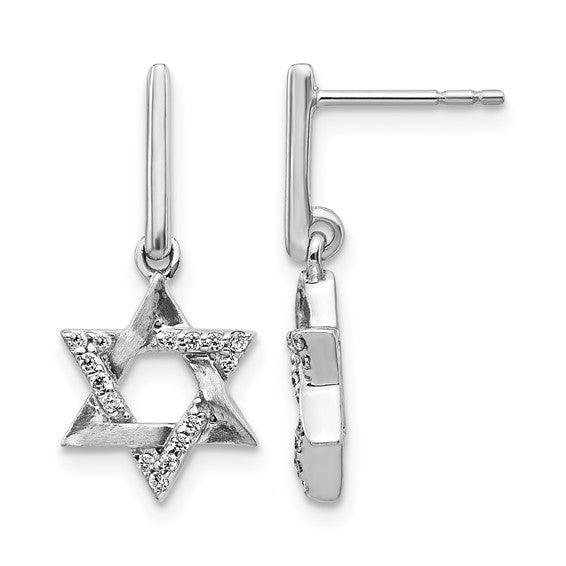 14K White Gold Diamond Star Of David Dangle Earrings