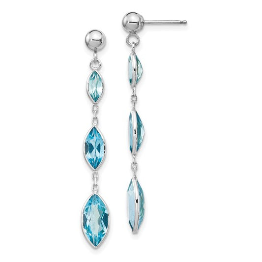 14K White Gold Tri Stone Blue Topaz Dangle Earrings