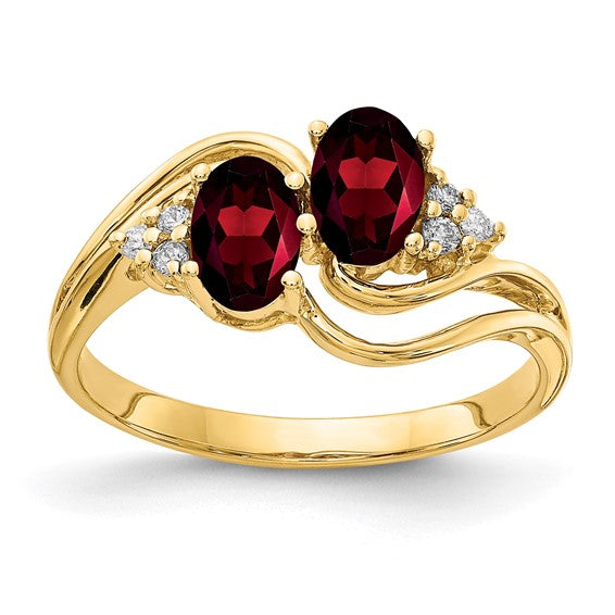 14K Yellow Gold Twin Double Stone Natural Garnet & Diamond Ring