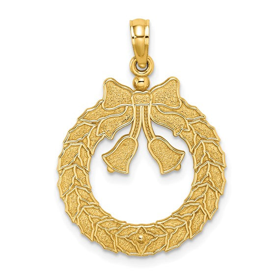 14K Yellow Gold Holiday Christmas Wreath Pendant