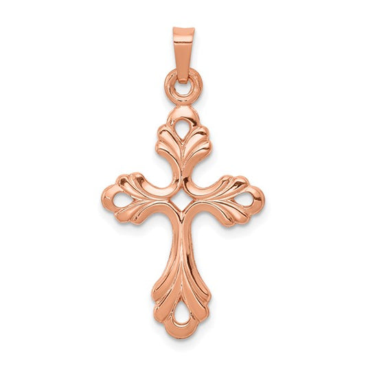 14K Rose Gold Fleur De Lis Cross Pendant