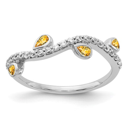 14K White Gold Natural Citrine & Diamond Leaf Band Ring