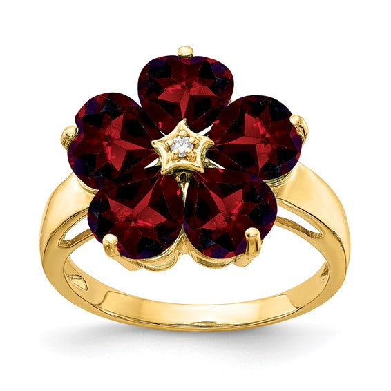 14K Yellow Gold Flower Natural Garnet Large Ring