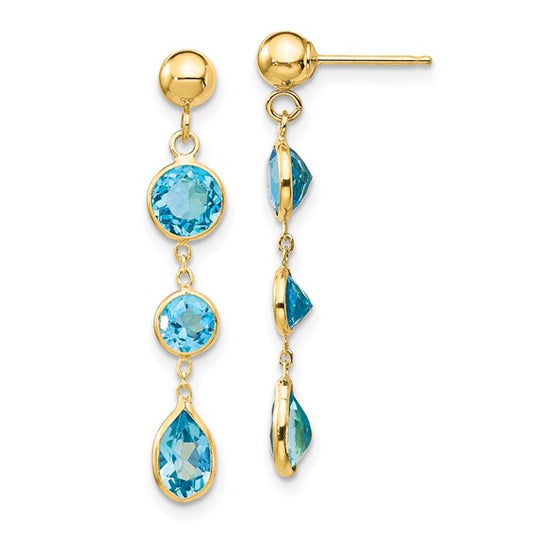 14K Yellow Gold 3 Stone Blue Topaz Fancy Dangle Earrings
