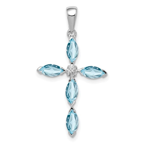 White Gold Filled Sterling Silver Slim Stone Blue Topaz Cross