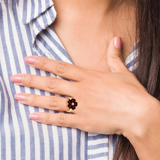 14K Yellow Gold Flower Natural Garnet Large Ring