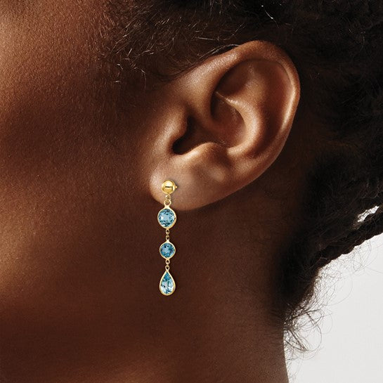 14K Yellow Gold 3 Stone Blue Topaz Fancy Dangle Earrings