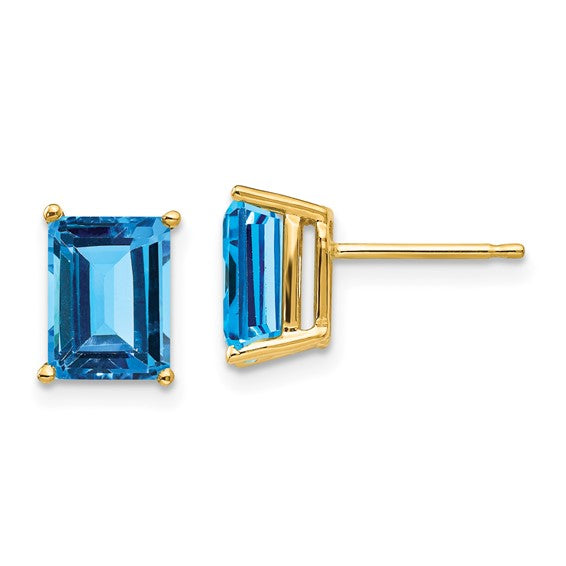 14K White/Yellow Gold 4 Carat Emerald Square Cut Blue Topaz Stud Earrings