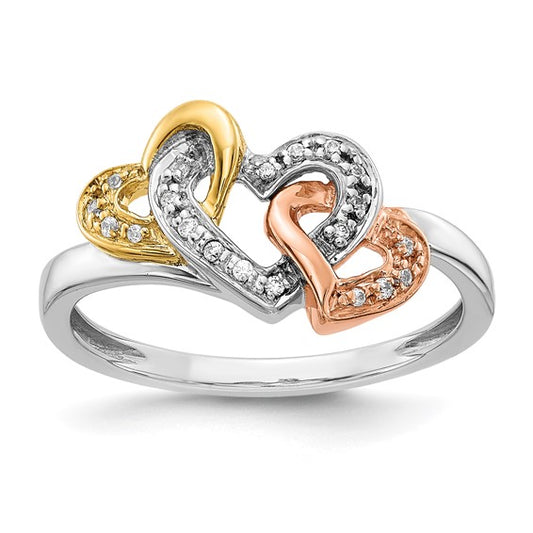 14K White/Rose/Yellow Two Tone Gold Diamond Heart Ring