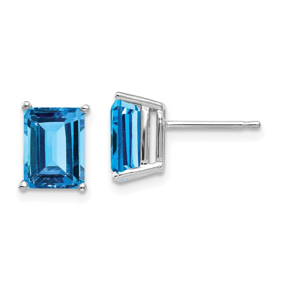 14K White/Yellow Gold 4 Carat Emerald Square Cut Blue Topaz Stud Earrings
