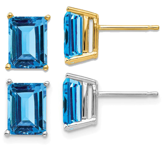 14K White/Yellow Gold 4 Carat Emerald Square Cut Blue Topaz Stud Earrings