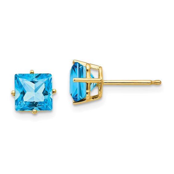 14K White/Yellow Gold 2.6 Carat Square Cut Blue Topaz Stud Earrings