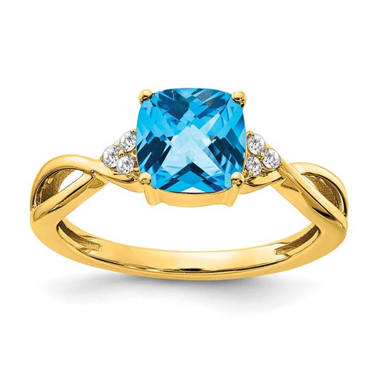 10K Yellow Gold Checkerboard 1.75 Carat Blue Topaz & Diamond Ring