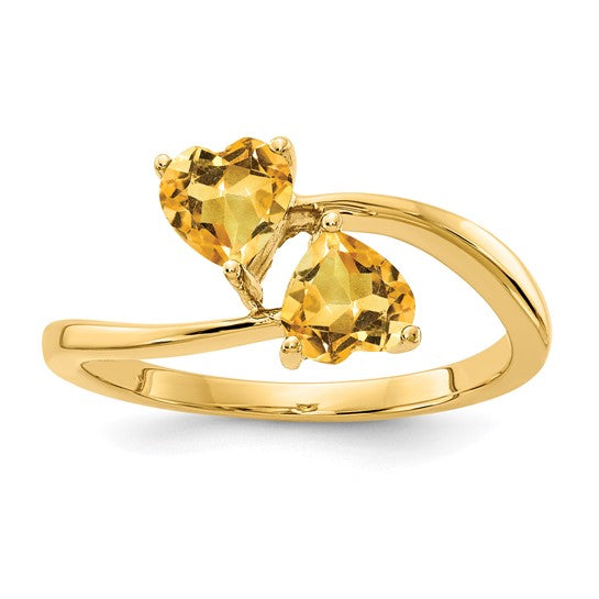 14K Yellow Gold Natural Citrine Double Heart Wrap Around Ring