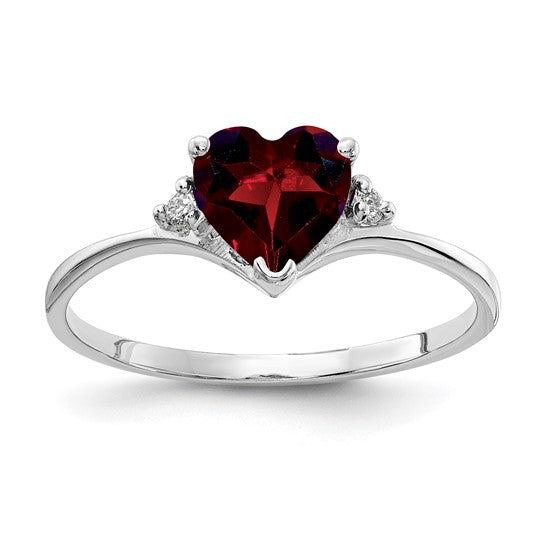 14K White Gold Natural Garnet Heart & Diamonds Ring