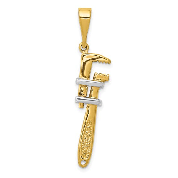 10K Yellow Gold Two Tone 3D Pipe Wrench Plumber Pendant