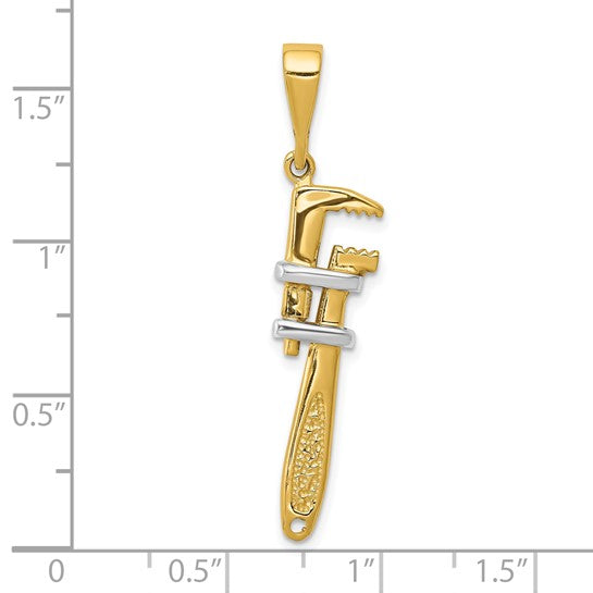 10K Yellow Gold Two Tone 3D Pipe Wrench Plumber Pendant