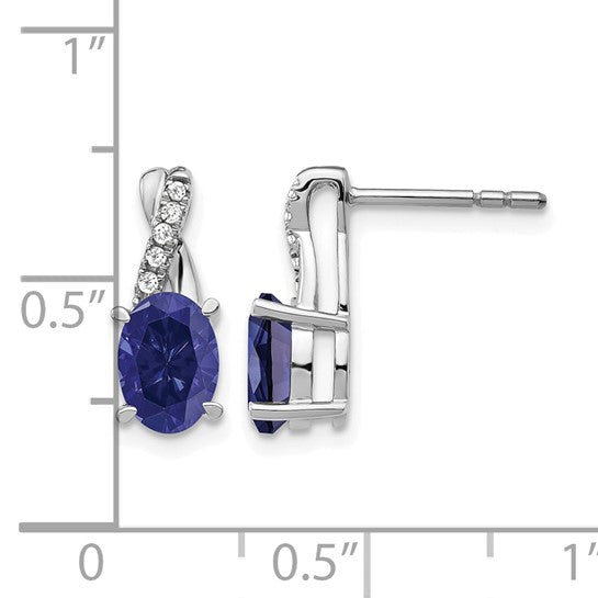 14K White Gold Natural Sapphire & Diamond Oval Dangle Earrings