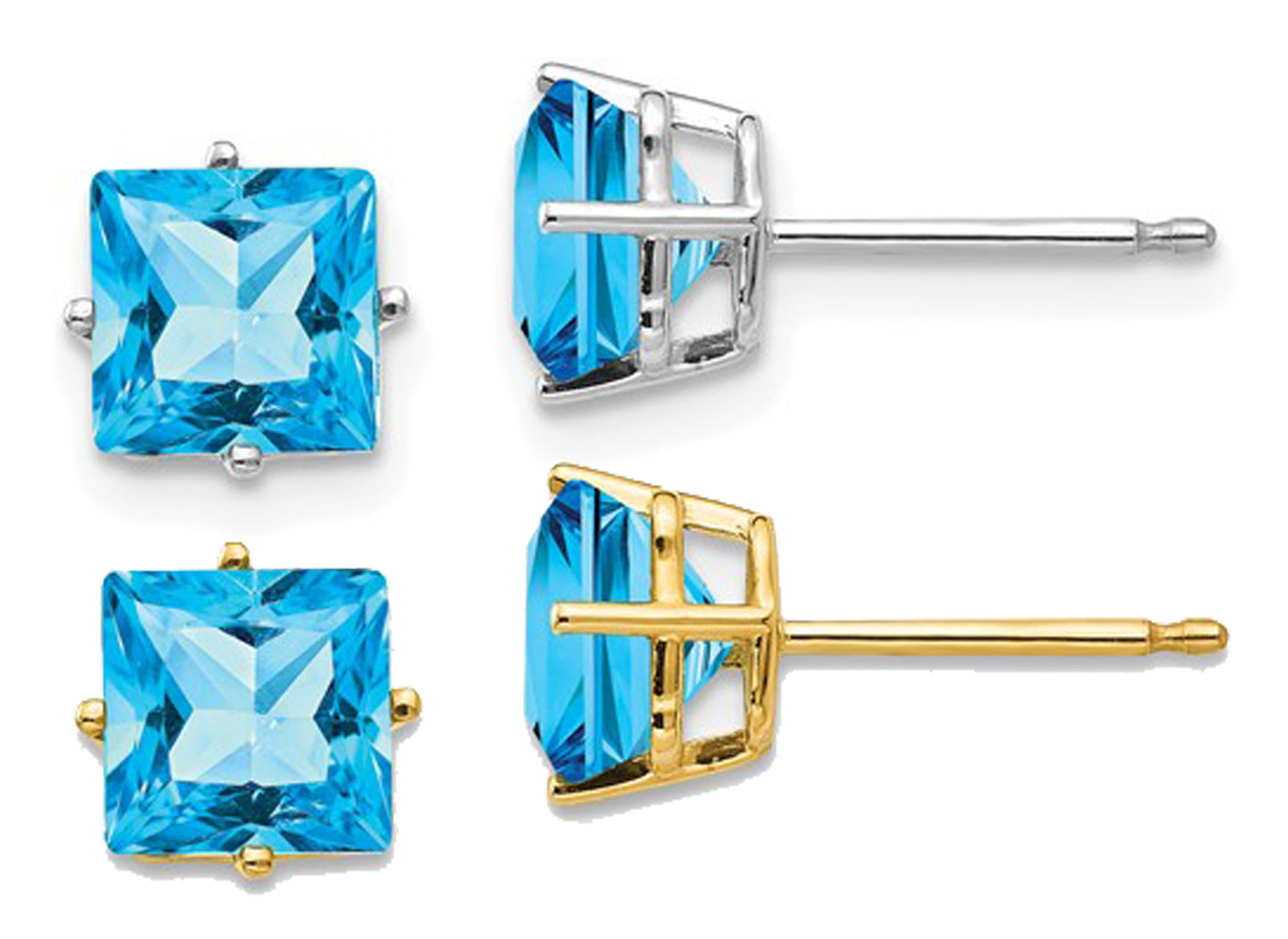 14K White/Yellow Gold 2.6 Carat Square Cut Blue Topaz Stud Earrings