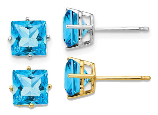 14K White/Yellow Gold 2.6 Carat Square Cut Blue Topaz Stud Earrings