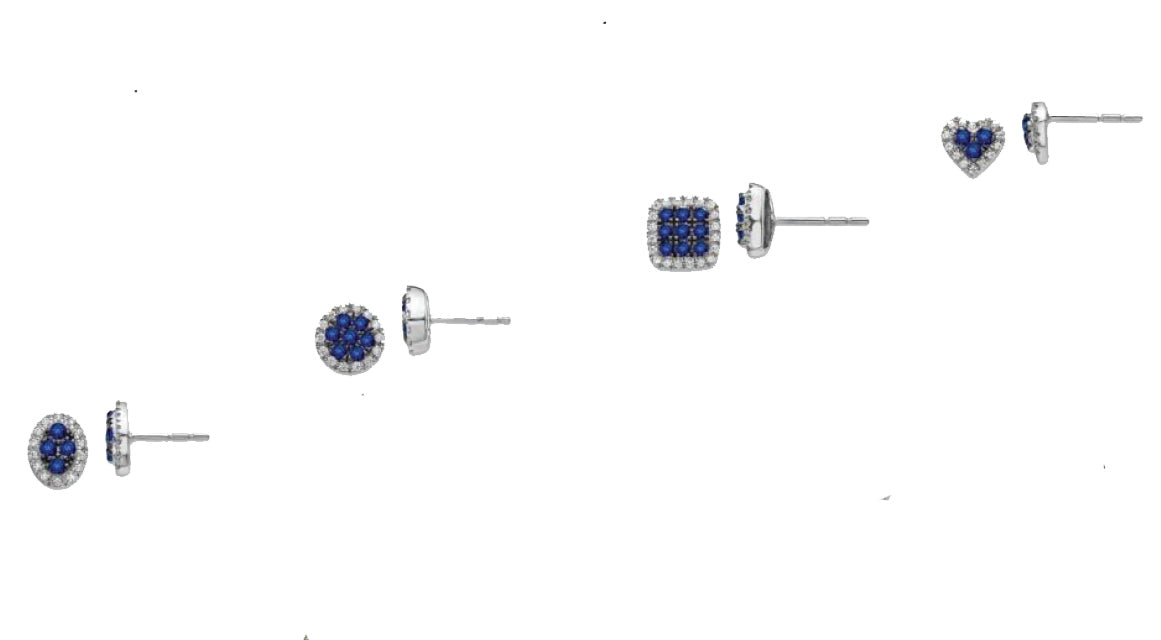 14K White Gold Natural Sapphire & Diamond Cluster Heart Square Oval Circle Earrings