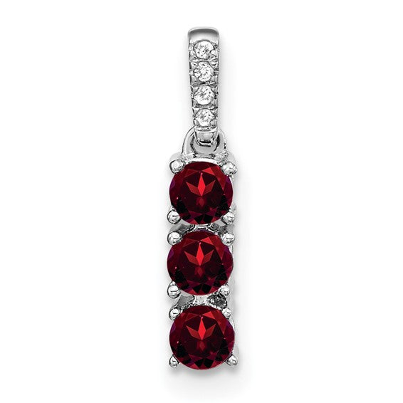 14K White Gold 3 Stone Natural Garnet & Diamond Pendant