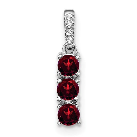 14K White Gold 3 Stone Natural Garnet & Diamond Pendant