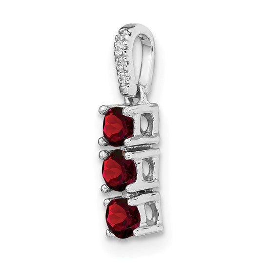 14K White Gold 3 Stone Natural Garnet & Diamond Pendant