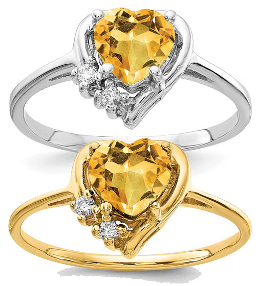 14K White/Yellow Gold Center Heart Natural Citrine & Diamond Ring