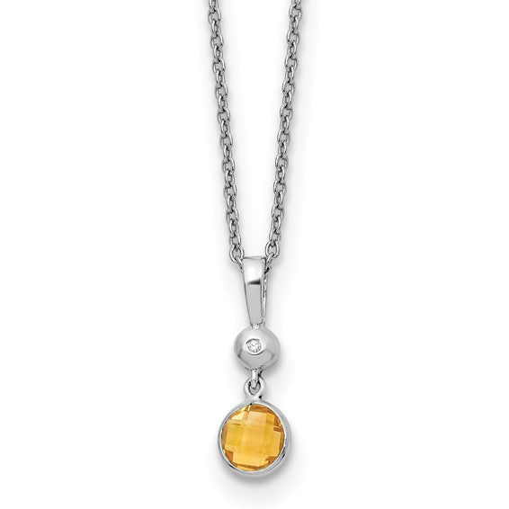 Sterling Silver White Gold Plated Checker Board Cut Natural Citrine & Diamond Cable Chain Set
