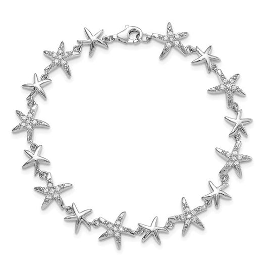 Sterling Silver Rhodium Plated Star Fish CZ Bracelet