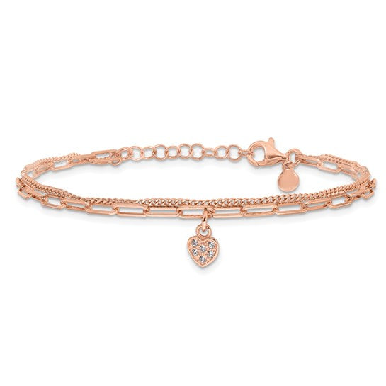 Rose Gold Filled Sterling Silver Double Paperclip Bracelet Crystal Heart Set