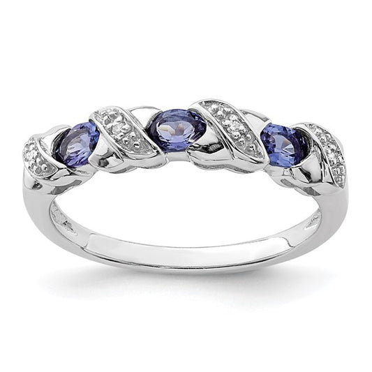 White Gold Filled Sterling Silver Natural Tanzanite & Diamond 3 Stone Ring