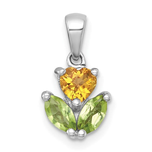 White Gold Plated Sterling Silver Natural Citrine & Peridot Flower Pendant