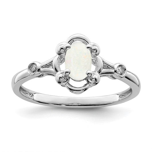 Sterling Silver October Birthstone Lab Created Opal & Natural Diamond Ring Victorian Style