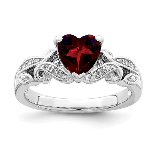 Sterling Silver Rhodium Plated Natural Garnet & Diamond Heart Fancy Cut Ring