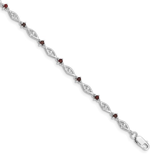 Sterling Silver White Gold Natural Diamond & Garnet Bridge Bracelet