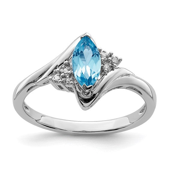 White Gold Filled Sterling Silver Marquise Blue Topaz & Diamond Ring
