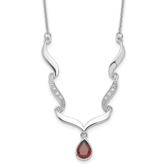Sterling Silver Rhodium Plated Zig Zag Bezel Natural Garnet Necklace