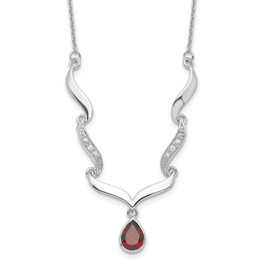 Sterling Silver Rhodium Plated Zig Zag Bezel Natural Garnet Necklace
