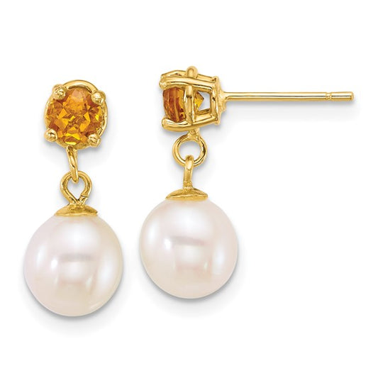 14K Yellow Gold Freshwater Cultured 7-8mm Pearl Earrings With Citrine Birthstone