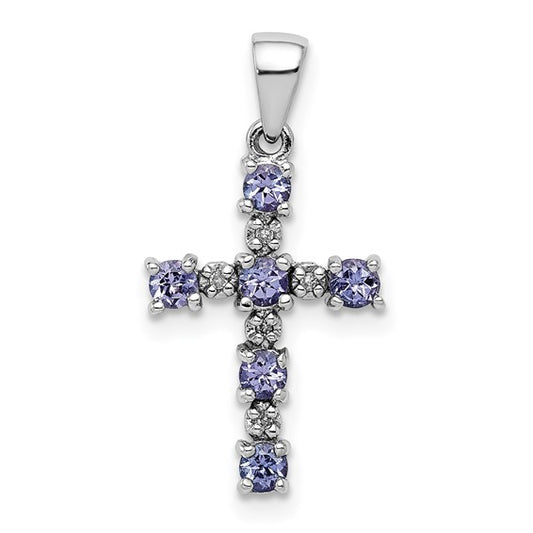 White Gold Filled Sterling Silver Natural Tanzanite & Diamond Cross Pendant