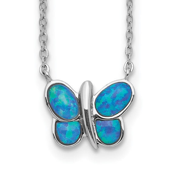 White Gold Over Sterling Silver Lab Created Opal Butterfly Chain & Pendant