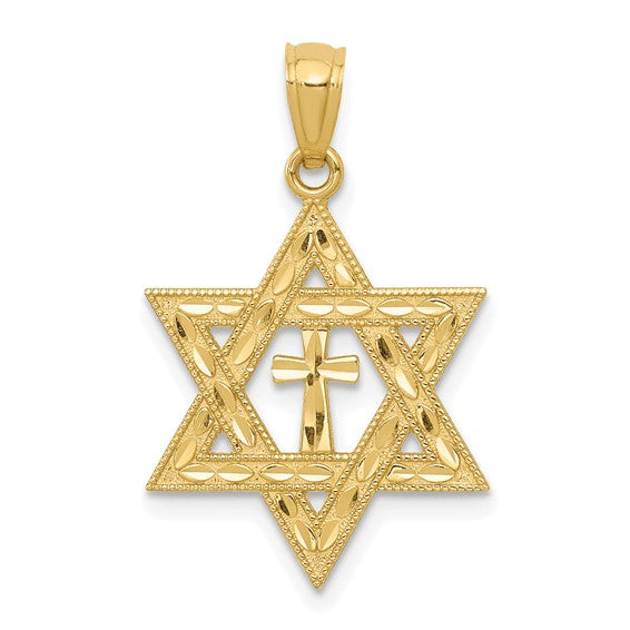 14K Gold Star Of David With Cross Pendant