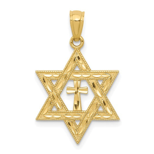 14K Gold Star Of David With Cross Pendant